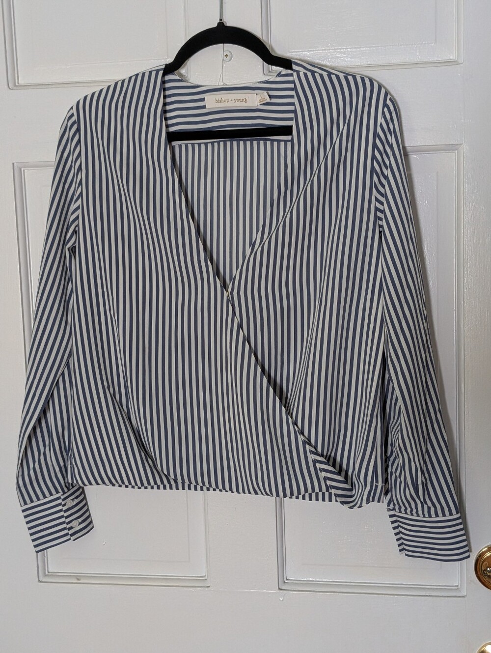 Bishop + Young Blue & White Stripe Wrap Blouse Size Small - Picture 2 of 4